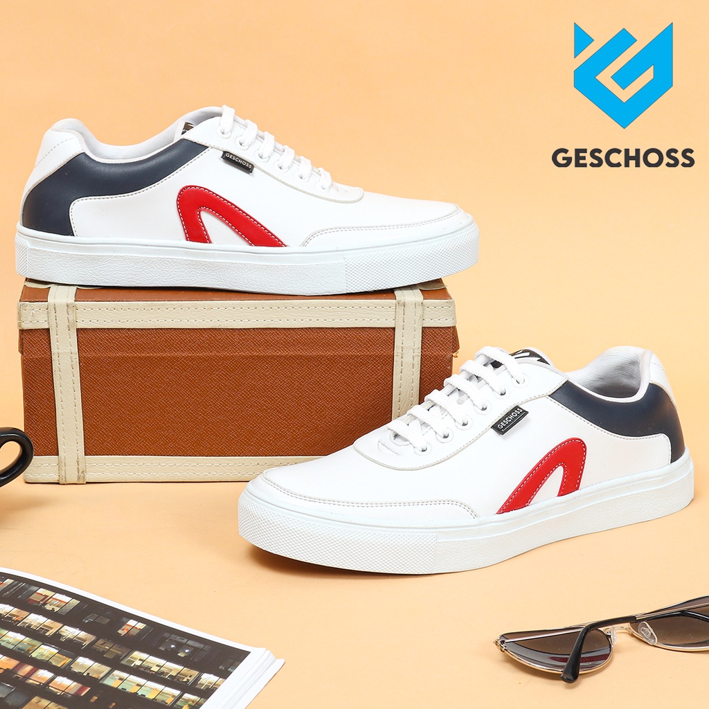 GESCHOSS 39-43 White Red - Sepatu Sneakers Casual Pria Cowo GSH7808 Putih - COD
