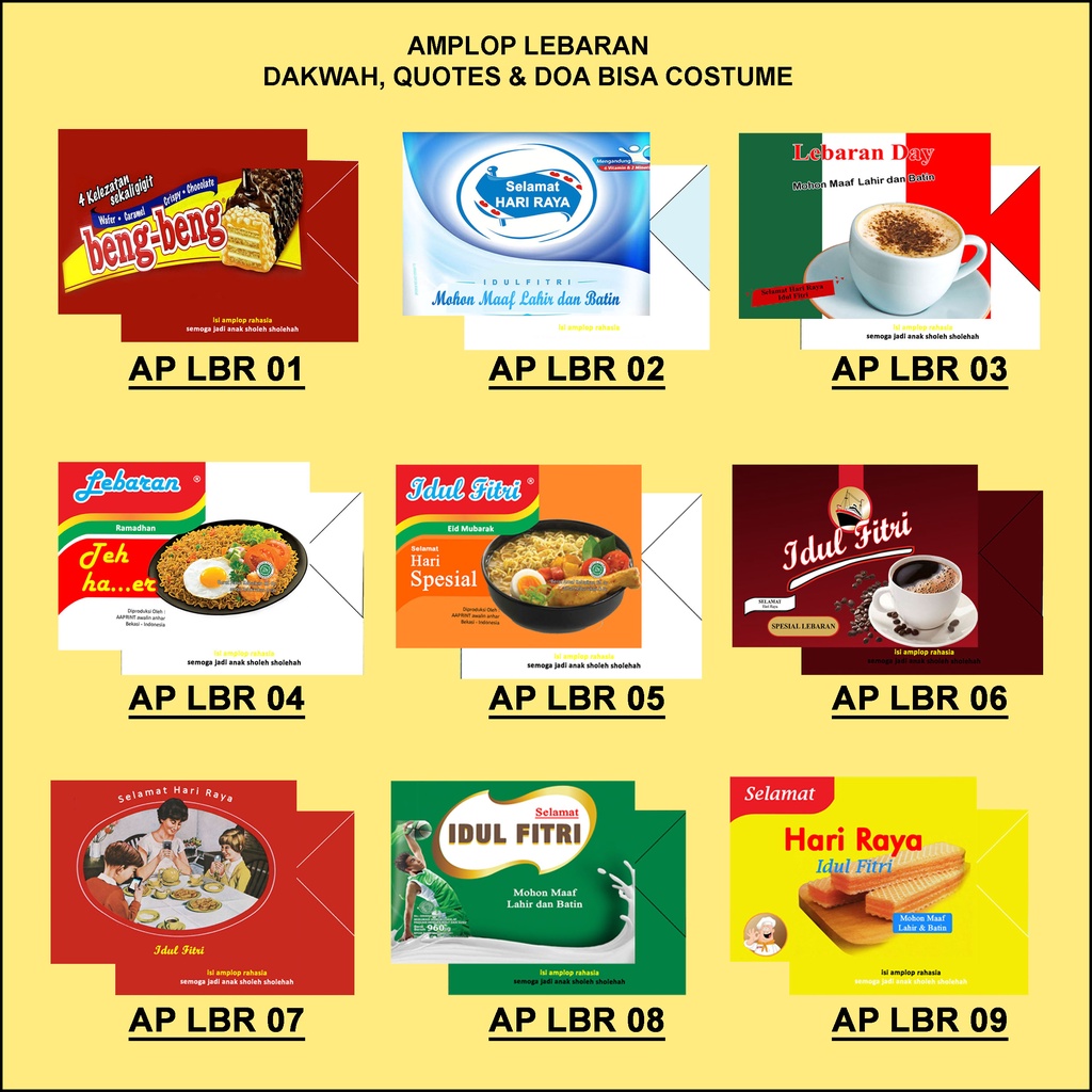 

AMPLOP LEBARAN (harga tertera untuk 1pak isi 9pcs) UNIK CUSTOM - AMPLOP GLOSY Amplop Lebaran Motif Snack