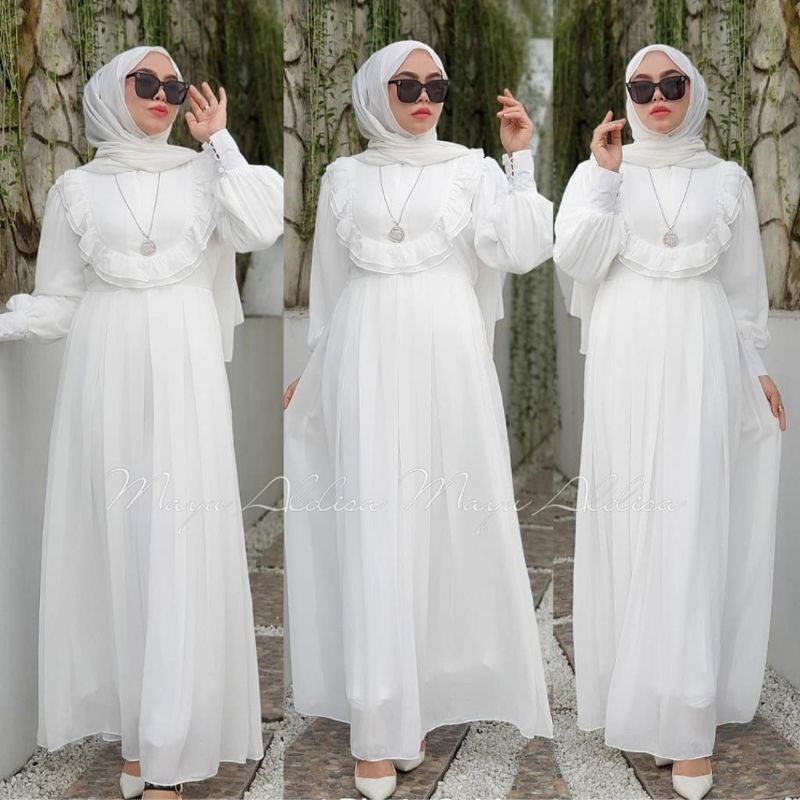Baju gamis dress ANNISA putih terlaris model RIMPLE DADA bahan ceruty babydoll premium