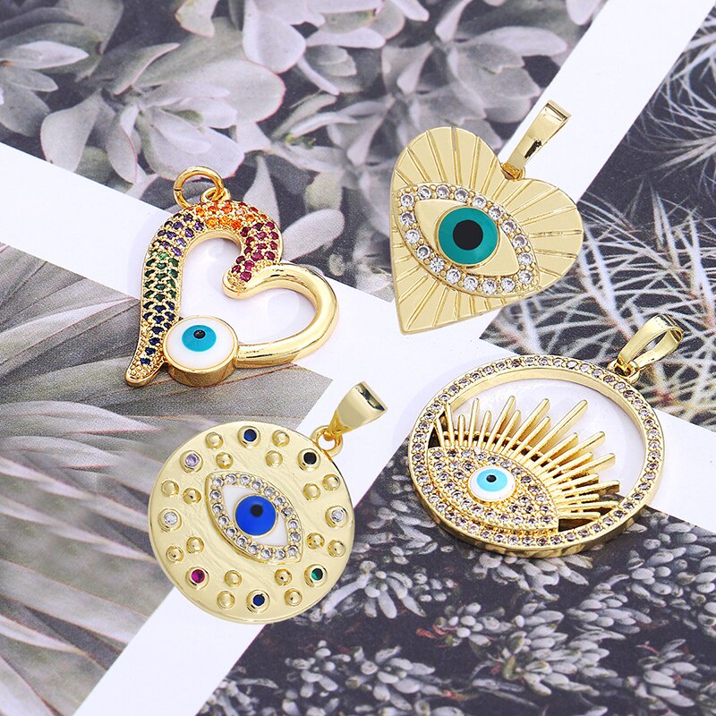 1pc Kristal Zirkon Berlapis Emas Tangan Fatima Salib Yunani Evil Eye Enamel Charms Untuk Membuat Kalung Gelang Liontin DIY