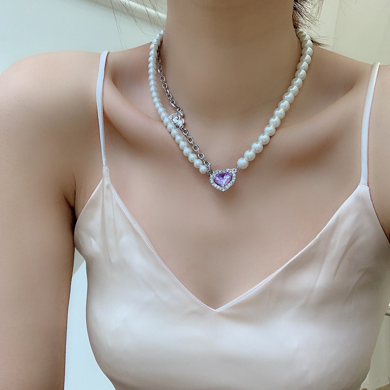 Pearl Stitching Necklace Korea Love Heart Pendant Clavicle Chain