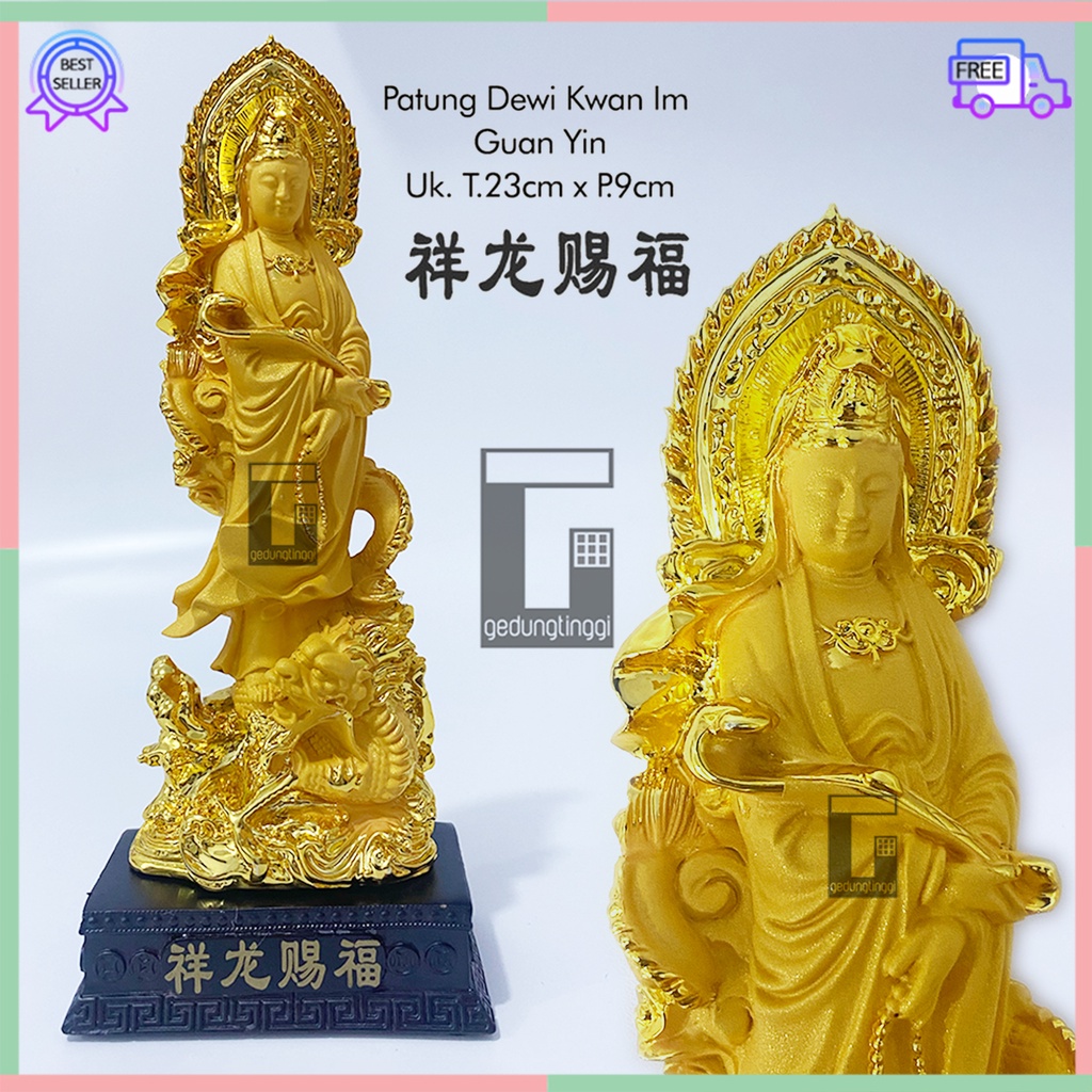 Hiasan Pajangan Patung Dekorasi Kado Hadiah Puja Suci Meja Altar Sembahyang Sembayang Dewi Dewa Mak Kwan Im Kwanim Kwan Im Kuan Im Guan Yin Rupang Welas Asih Belas Kasih Menaiki Naik Naga Liong Menyeberang Air Laut Gold Emas Budha Buddha Resin