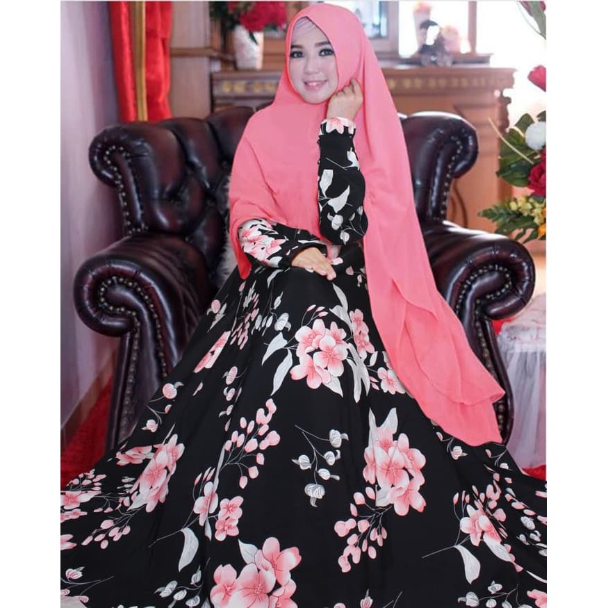 TRENDY Pakaian wanita muslim syari setelan ramadhan lebaran Gamis Motif Syari Monalisa Zahra - Hitam