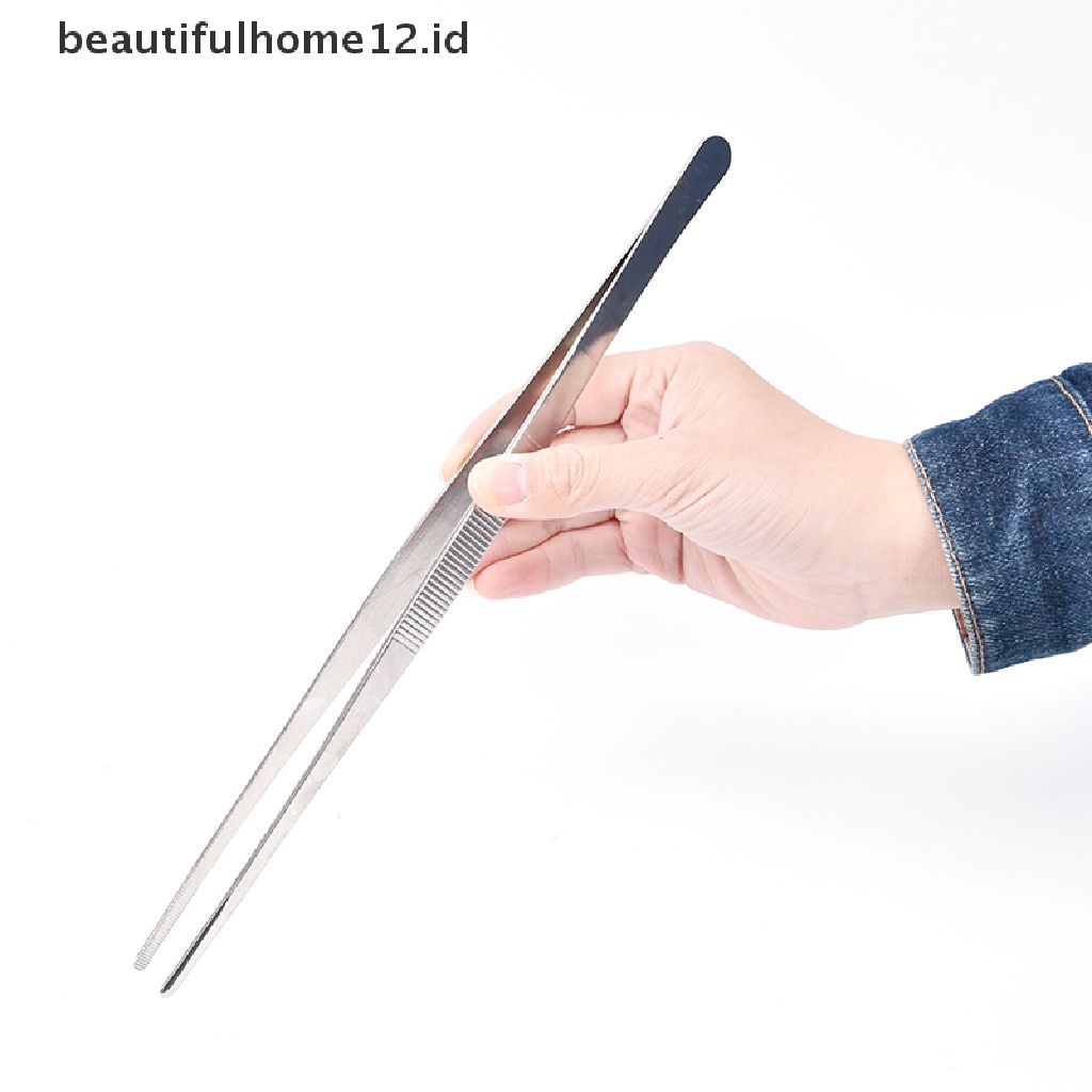 【beautifulhome12.id】 Silver Stainless Steel Long Food Tongs Straight Tweezers Kitchen Tool .