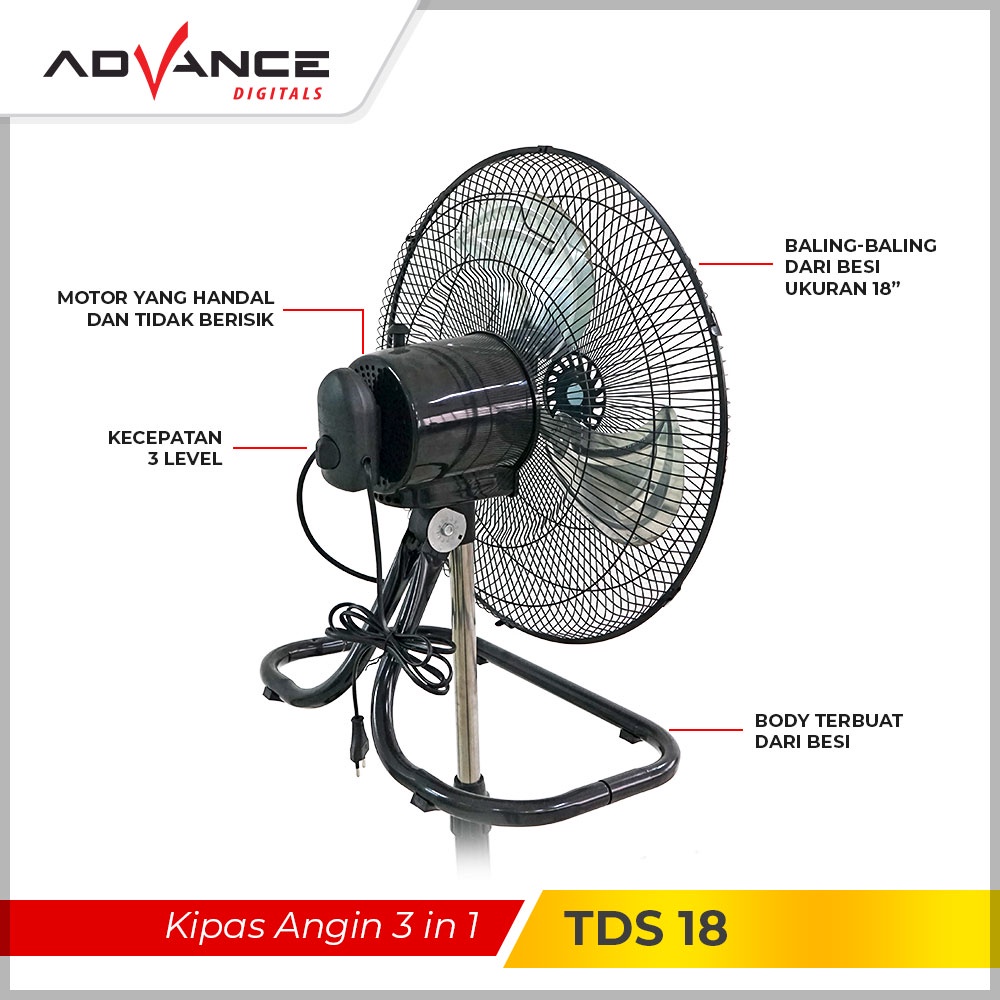 【Garansi 1 Tahun】Advance Kipas Listrik Angin 3in1 Stand/Desk/Wall TDS-18 Garansi Resmi Advance 1 Tahun  220V INPUT 80W,18inchs