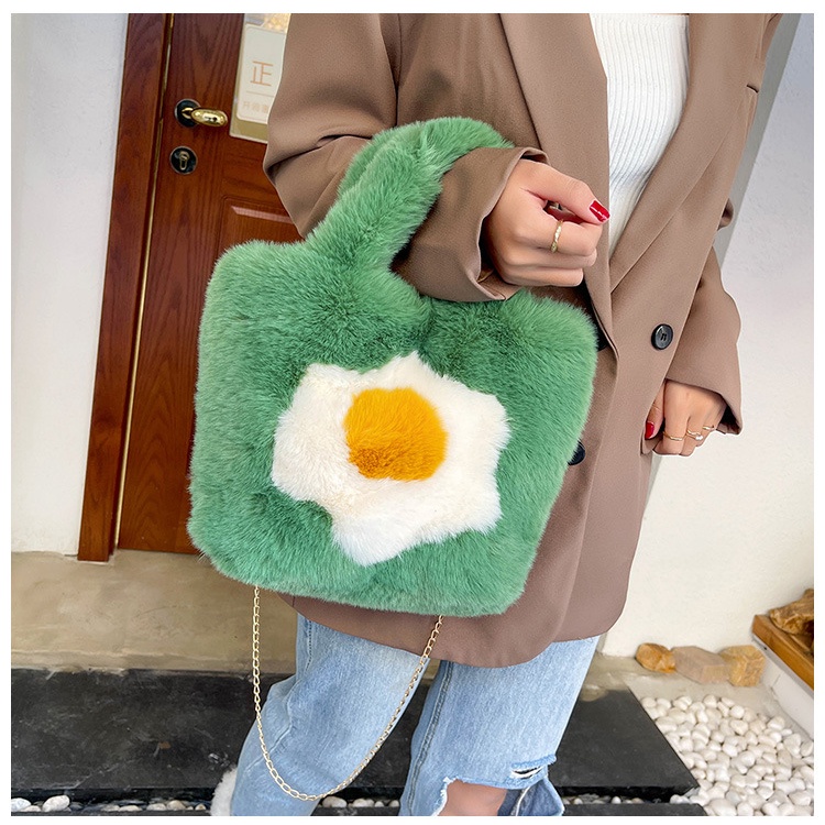 [littlecrab] Tas Bulu Motif Telur Lucu Unik Pegangan Bulu Lembut Tas Lucu Unik Cute Egg Bag Korean Style