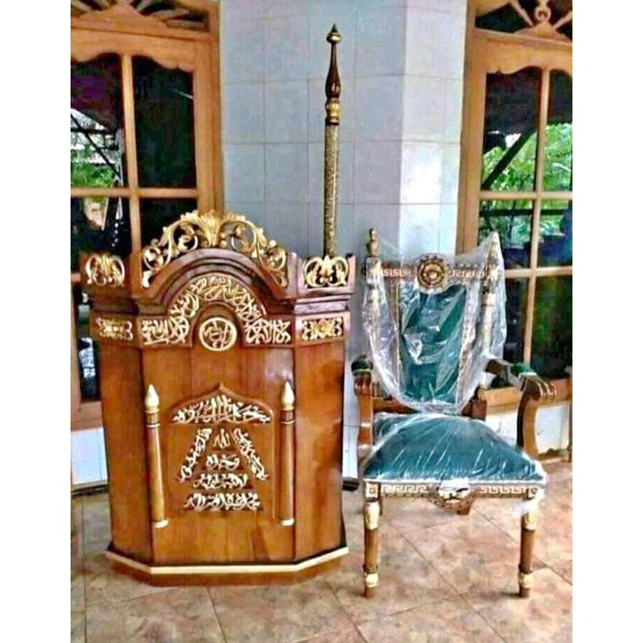 mimbar masjid jati, podium ukiran + kursi dan tongkat
