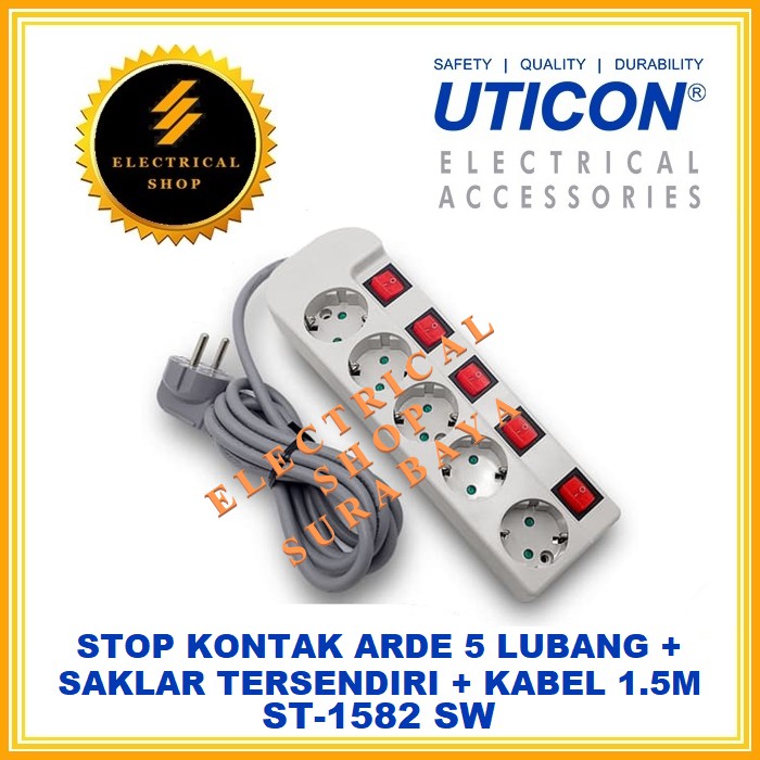 UTICON STOP KONTAK ARDE CP 5 LUBANG ST-1582SW + SAKLAR KABEL 1.5M (GROSIR) ST 1582 SW 1,5M 2P LOBANG