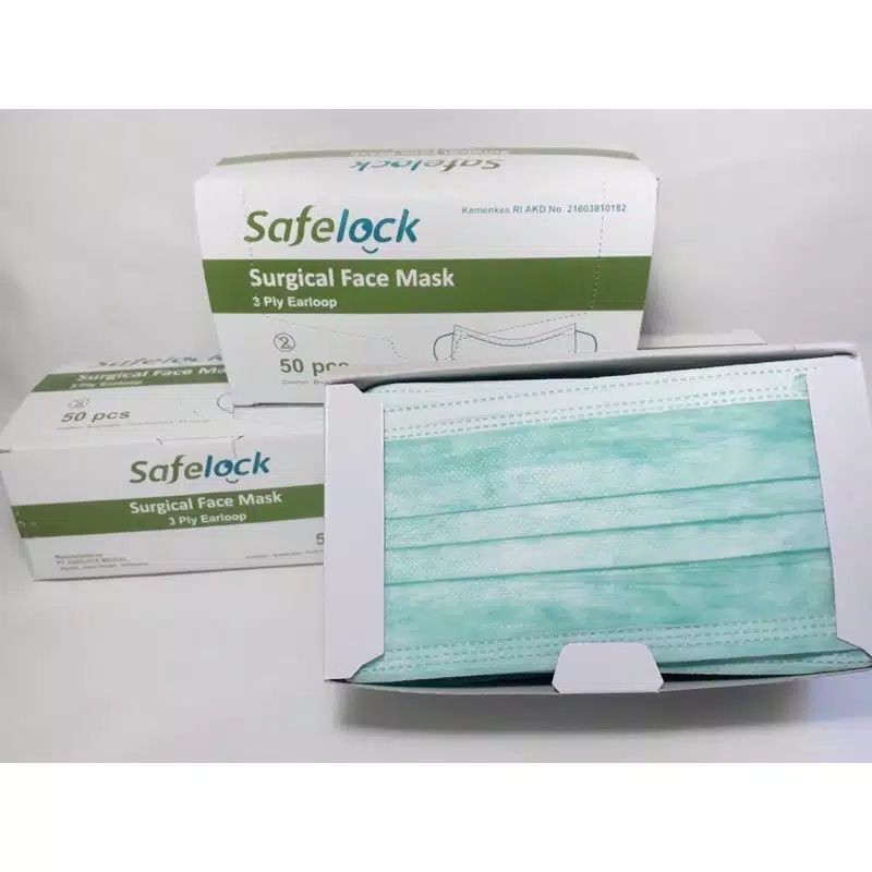 MASKER SAFELOCK EARLOOP &amp; HEADLOOP/SURGICAL FACE MASK/3 PLY ISI 50