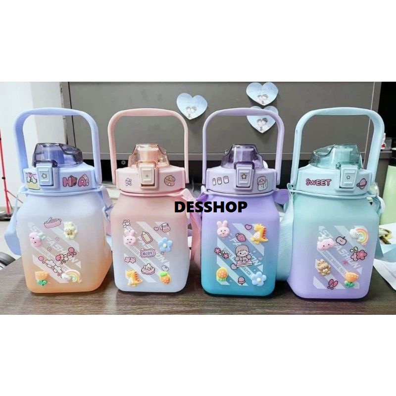 DEOS BOTOL MINUM ANAK GEMOY KOTAK 3D VIRAL MURAH WARNA GRADASI PASTEL 1.3 LITER 1300 ML 2D & 3D STIC