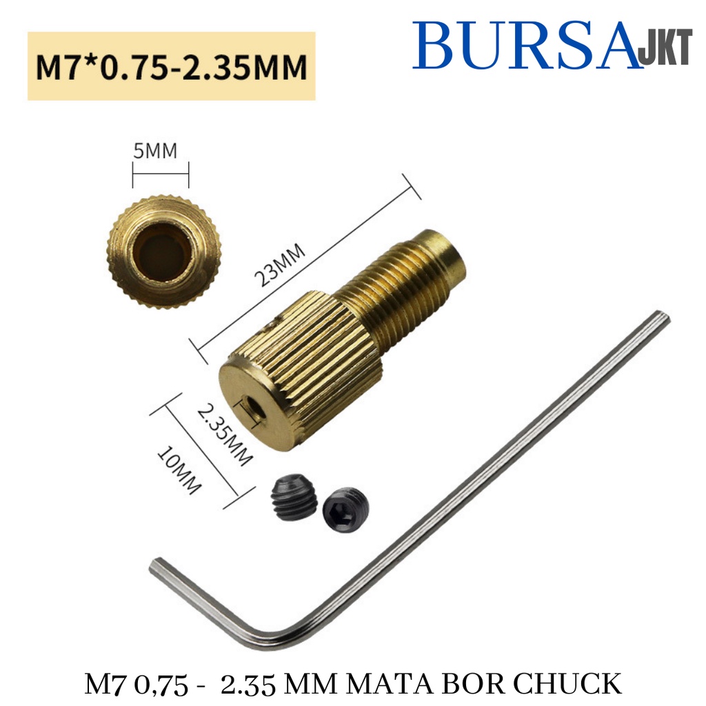 DRILL CHUCK DC MOTOR M7 M8 0.75  MM + BAUT SHAFT + KUNCI HEX ADAPTER KEPALA BOR MINI TUNER