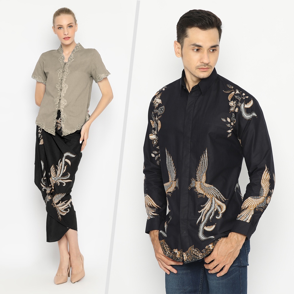 BATIK COUPLE MODERN Kemeja Rok Lilit Instan Batik Pria Lengan Panjang Premium Motif Burung Hitam 721084 CAP 72