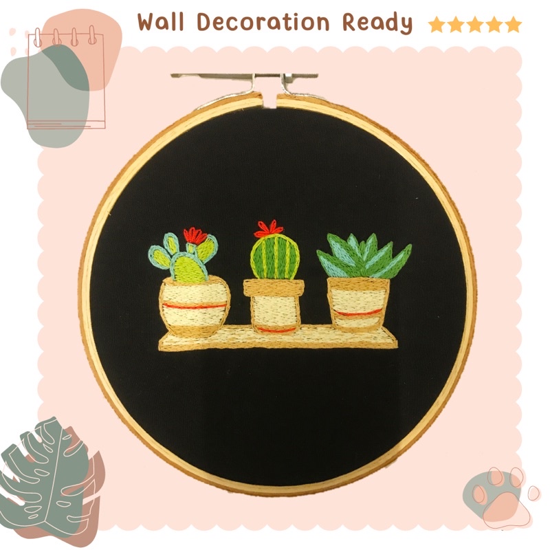 [Hasil Jadi] Embroidery Kaktus-03 Wall Decoration - Sulam tangan benang handmade