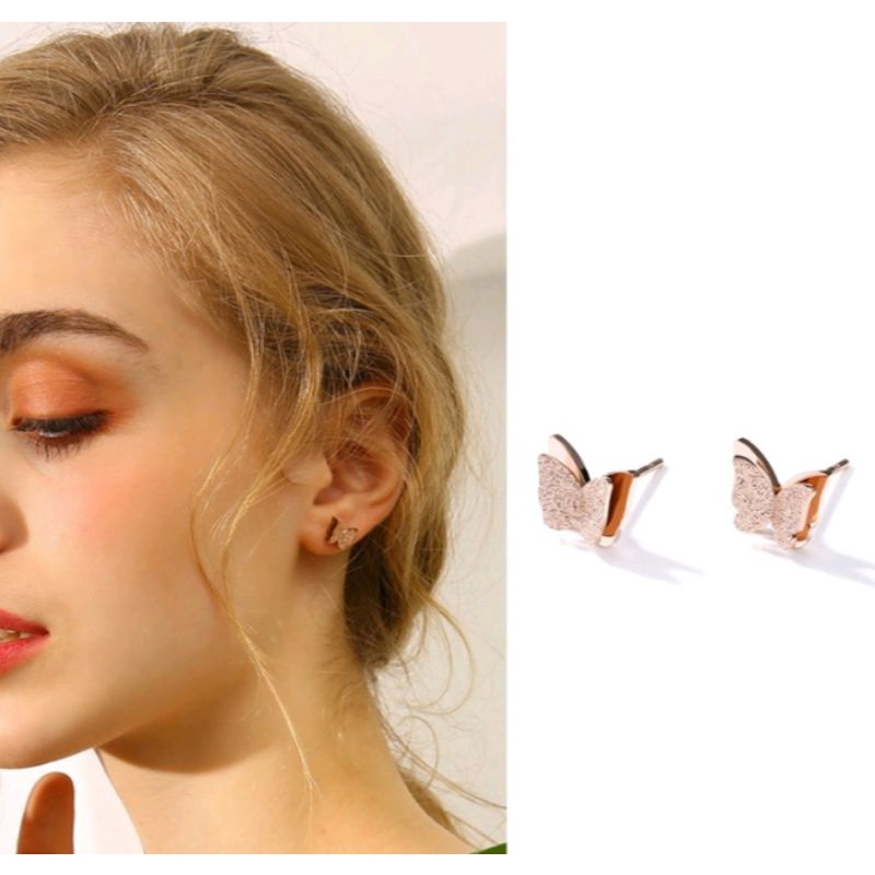 [ Bayar Ditempat ] Anting Tusuk Wanita Model Kupu Rosegold Titanium Anti Karat