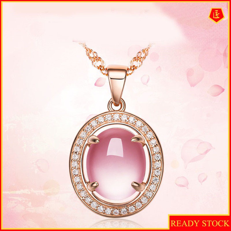 [Ready Stock]Rose Gold Micro-Inlaid Pink Crystal Rose Quartz Pendant Silver Necklace