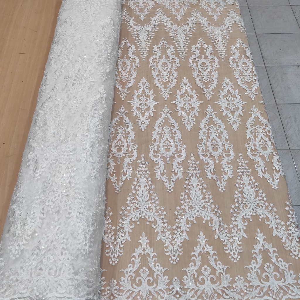 KAIN TILE PUTIH EKSKLUSIF PREMIUM FULL AKSESORIS MANIK UNTUK DRESS, GAUN PESTA, NIKAHAN DLL