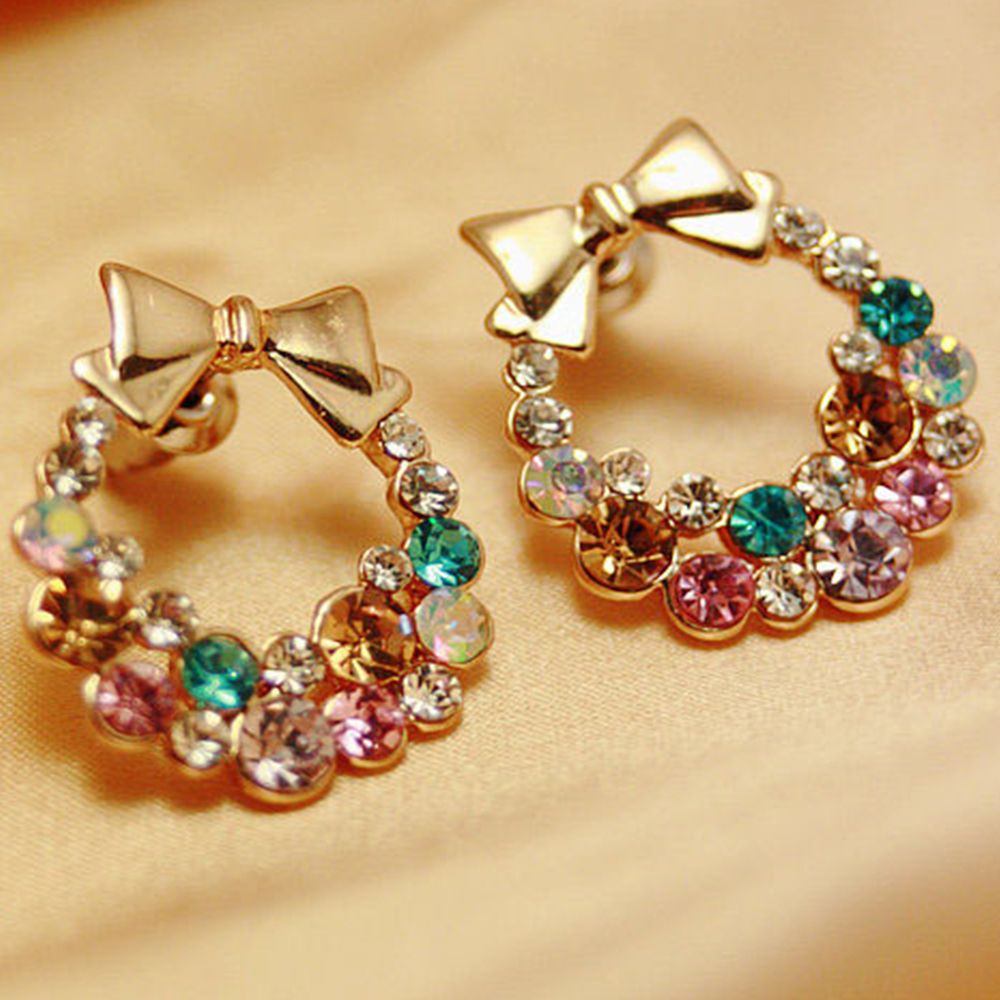 Needway  Jewelry 1 Pair Crystal Stud Gold Women Colorful Bowknot Ear Rhinestone Earring