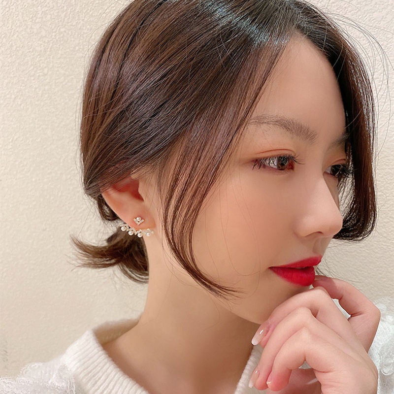 Fashion rhombus curved micro-inlaid zircon pearl earrings for women Korean exquisite temperament earrings 925 silver needles