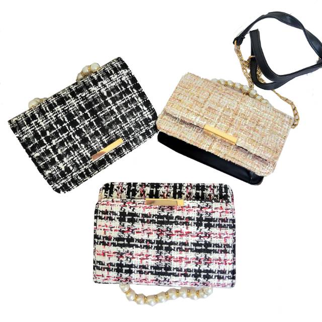 tas wanita selempang Berlian mutiara Kain wol fashion tas import terbaru