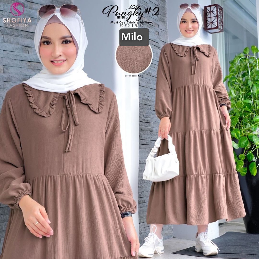 Pungky 2 Gamis Wanita Crinkle Uragiri Premium Dress Wanita Lengan Panjang Karet Susun Baju Wanita Muslim Kekinian LD 110 cm