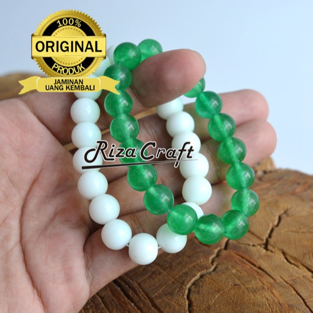 Rizacraft Gelang Tangan Couple Pasangan Batu Giok Hijau dan Putih Asli Alam Pria Wanita Kualitas Ter