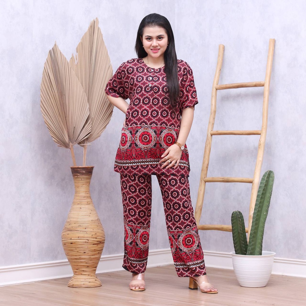 Batik Prass - Setelan Baju Tidur Busui Lengan Pendek - Piyama Batik Terbaru - Baju Santai-ITALY MERAH