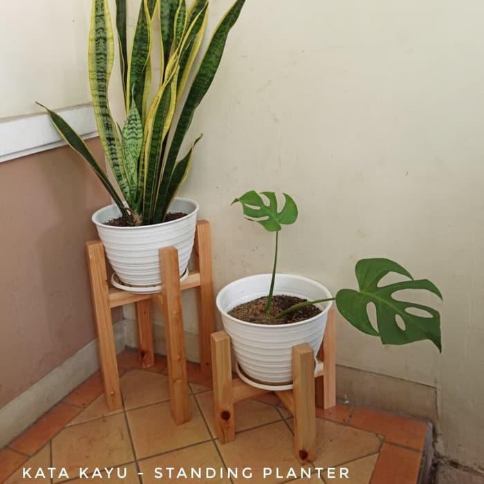 Paket Couple Standing Planter Plant rak pot Kayu 30cm dan 50cm