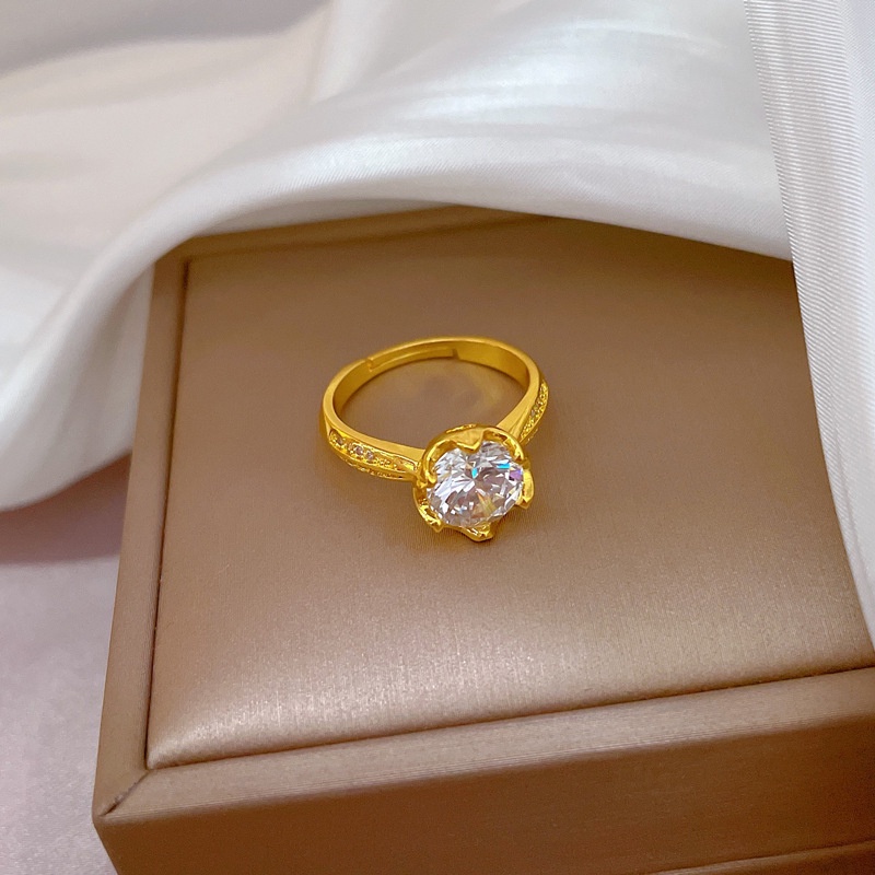 Cincin Titanium Wanita (Terbuka) Bunga Berlian Mewah Emas 18K Anti Karat Perhiasan Korea