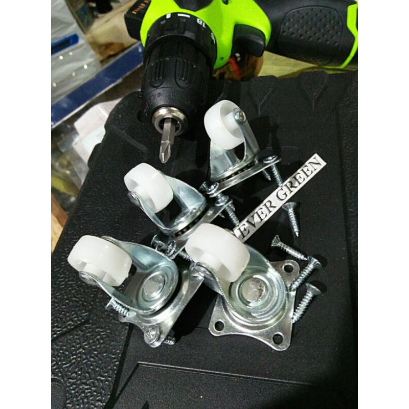 Roda Caster Kecil 1" (25 mm) Nylon - Komplit 1 set 4 pcs Hidup/Main + Baut Sekrup Troly Lemari Koper