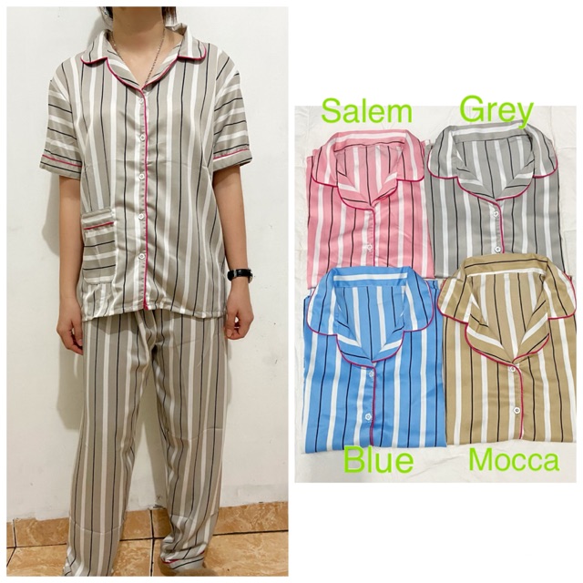 JC- Piyama Satin Wolfis Stripe Angelic CP / Piyama wanita murah / Baju tidur wanita kekinian