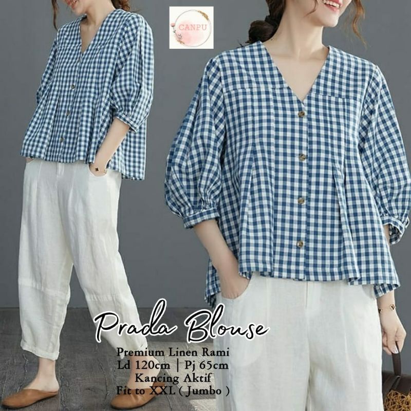 Pradda blouse katun linen kotak kotak LD 120 XXL jumbo