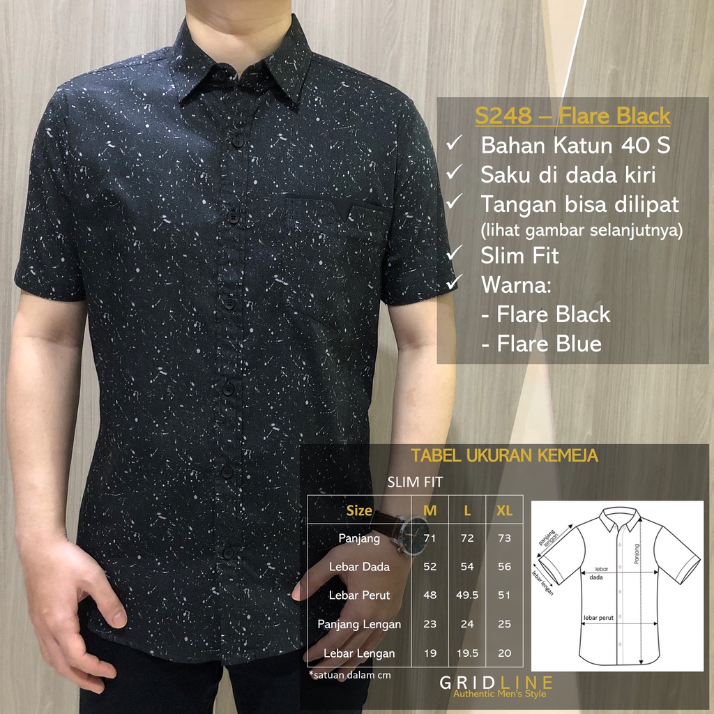 [GRIDLINE - S344 Arctic White &amp; Sapphire Navy - S248 Flare] Kemeja Pria Lengan Pendek Slimfit Katun Motif Simple Keren M-XXL