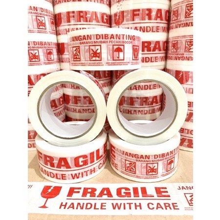 ( Rol 72 Yard ) LAKBAN VIDEO UNBOXING / FRAGILE JANGAN DIBANTING MERAH PUTIH 2 IN / PLAKBAN FRAGILE 48MM HANDLE WITH CARE