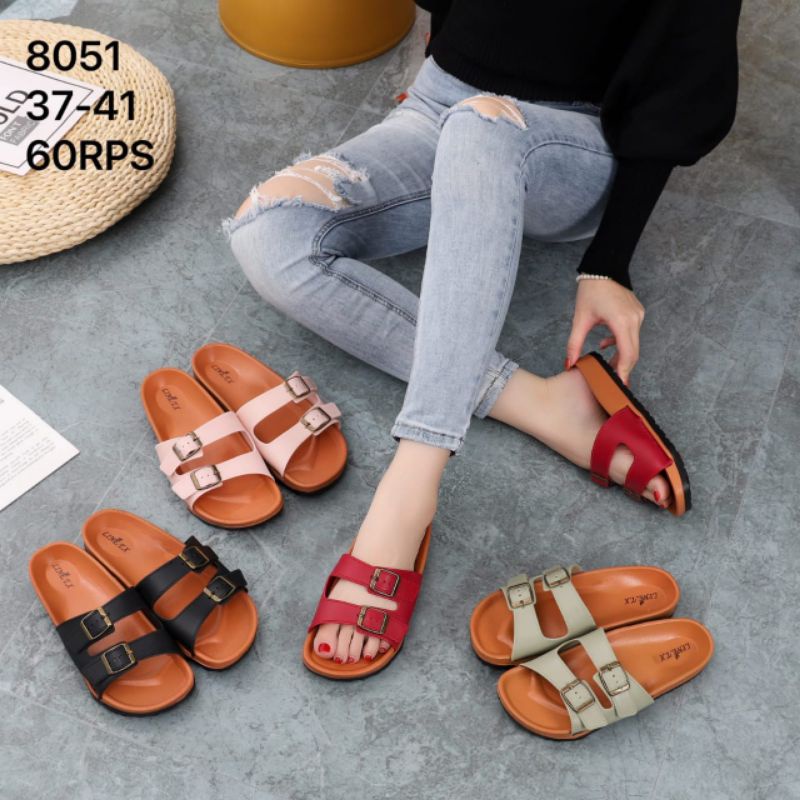 Sandal Slop Wanita Motif Gesper Dua Bahan Karet Jelly Import Lentur 8051