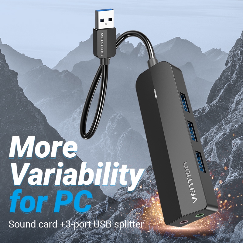 Vention USB Hub Splitter Usb 3.0 3 Port with Sound Card Kecepatan Tinggi 5gbps Dengan Power Supply Untuk Laptop Pc