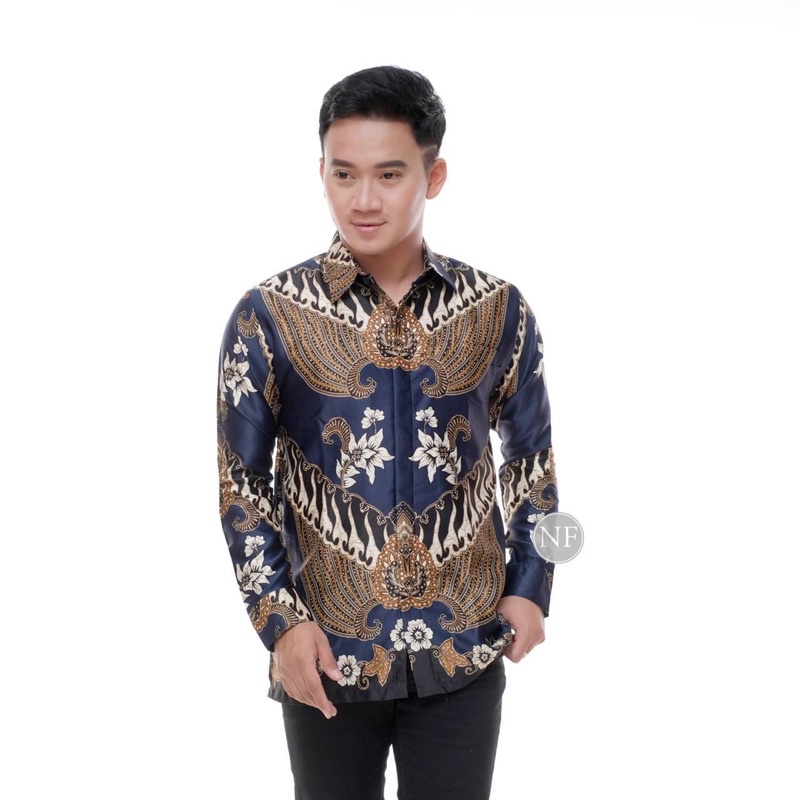 KEMEJA BATIK SEMI SUTRA SILKY PREMIUM BERFURING LENGAN PANJANG  CLASIK SUTRA XXL  FASHION BATIK PRIA