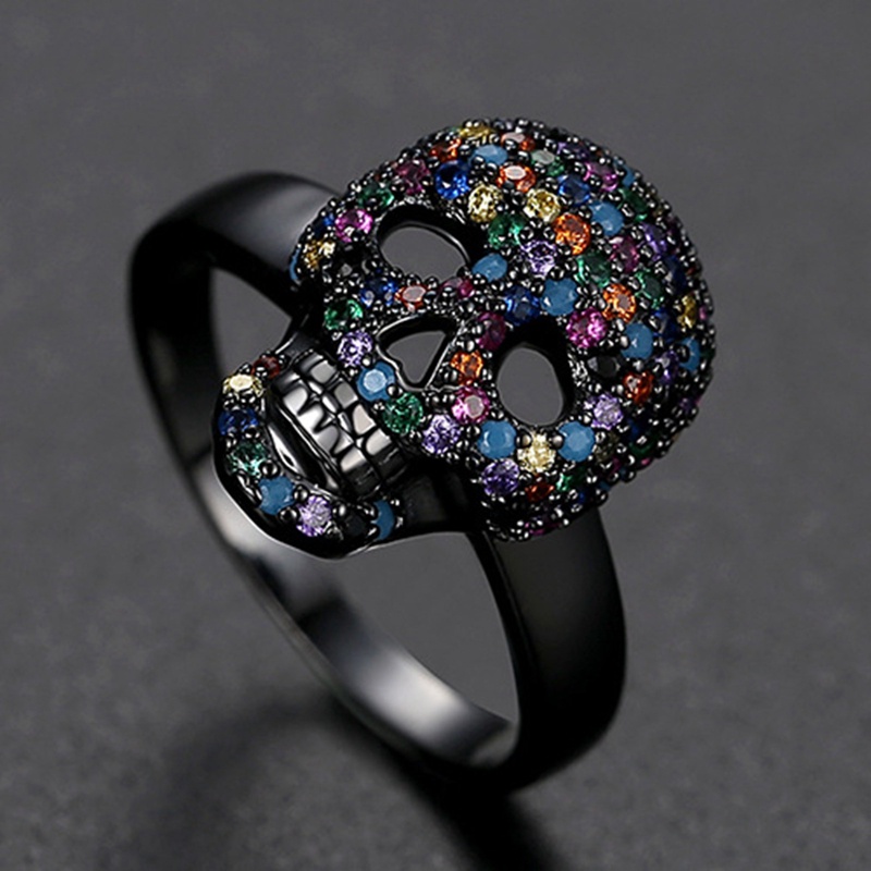 Cincin Desain Tengkorak Iblis Aksen Zirkon Warna-Warni Gaya Punk Hip-Hop Untuk Pria