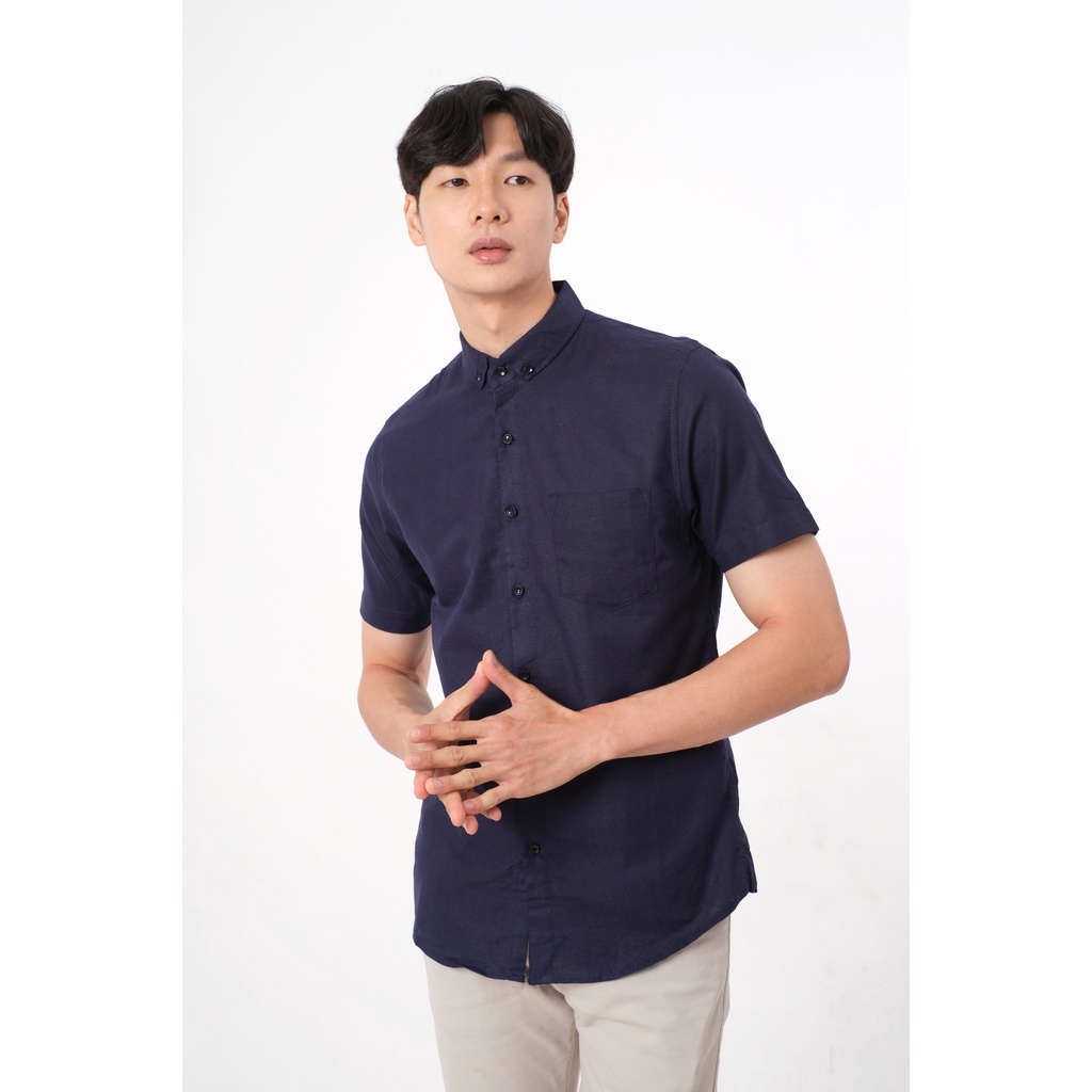 SANVANINA Kemeja Pria Polos SlimFit Navy | Short Basic Rami Navy E-1507B