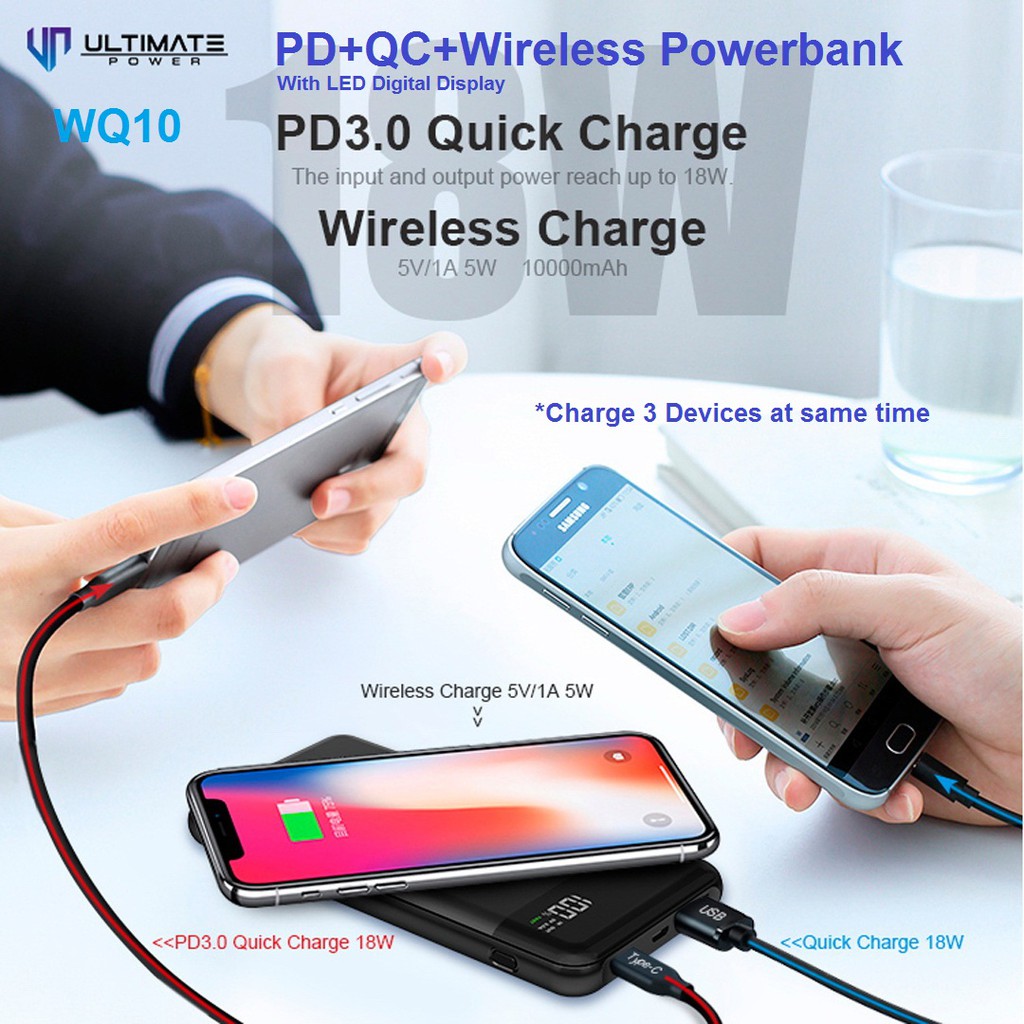 Powerbank 10000mAh Ultimate Power Wireless PD + QC with LED Display WQ10 Garansi resmi ulimate