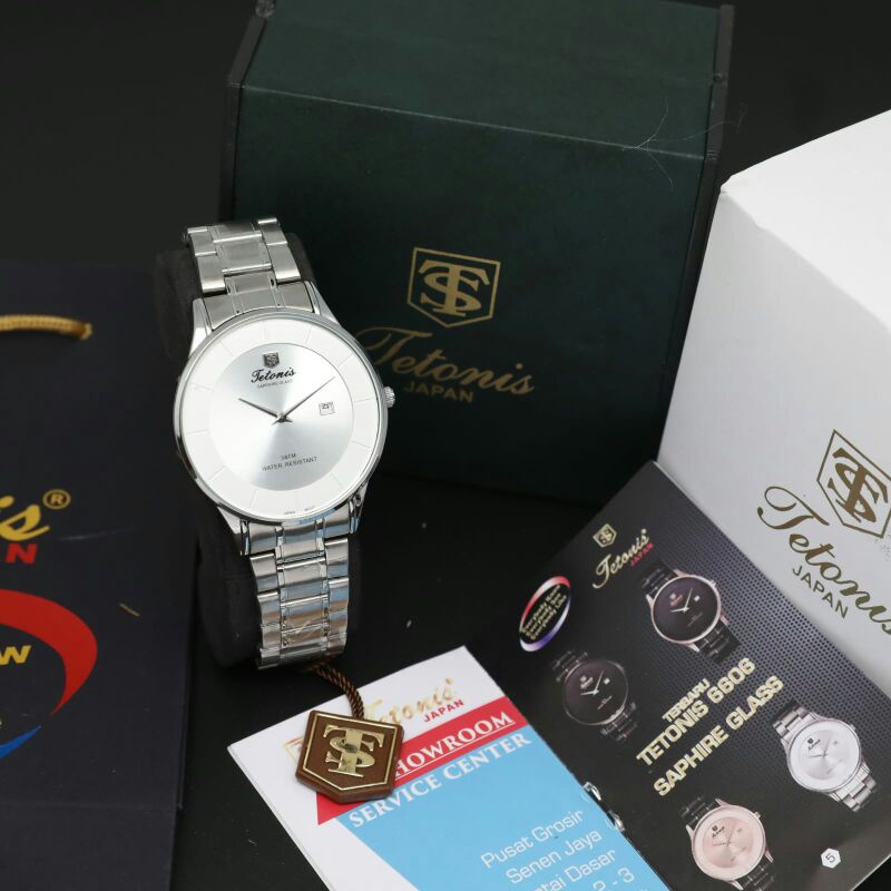 Jam Tangan Pria Tetonis Original T6606 Tali Rantai Kaca Sapphire Glas Paket Box, Buku Manual & Paper