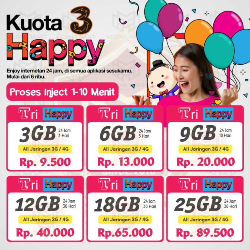 INJECT KUOTA DATA INTERNET TRI HAPPY MURAH 3GB 6GB 9GB 12GB 18GB 25GB 24JAM 30HARI