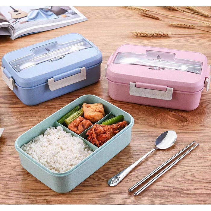 IKILOSHOP Kotak Tempat makan Bahan Jerami Gandum Lunch Box Set Dengan Sendok Garpu Sumpit