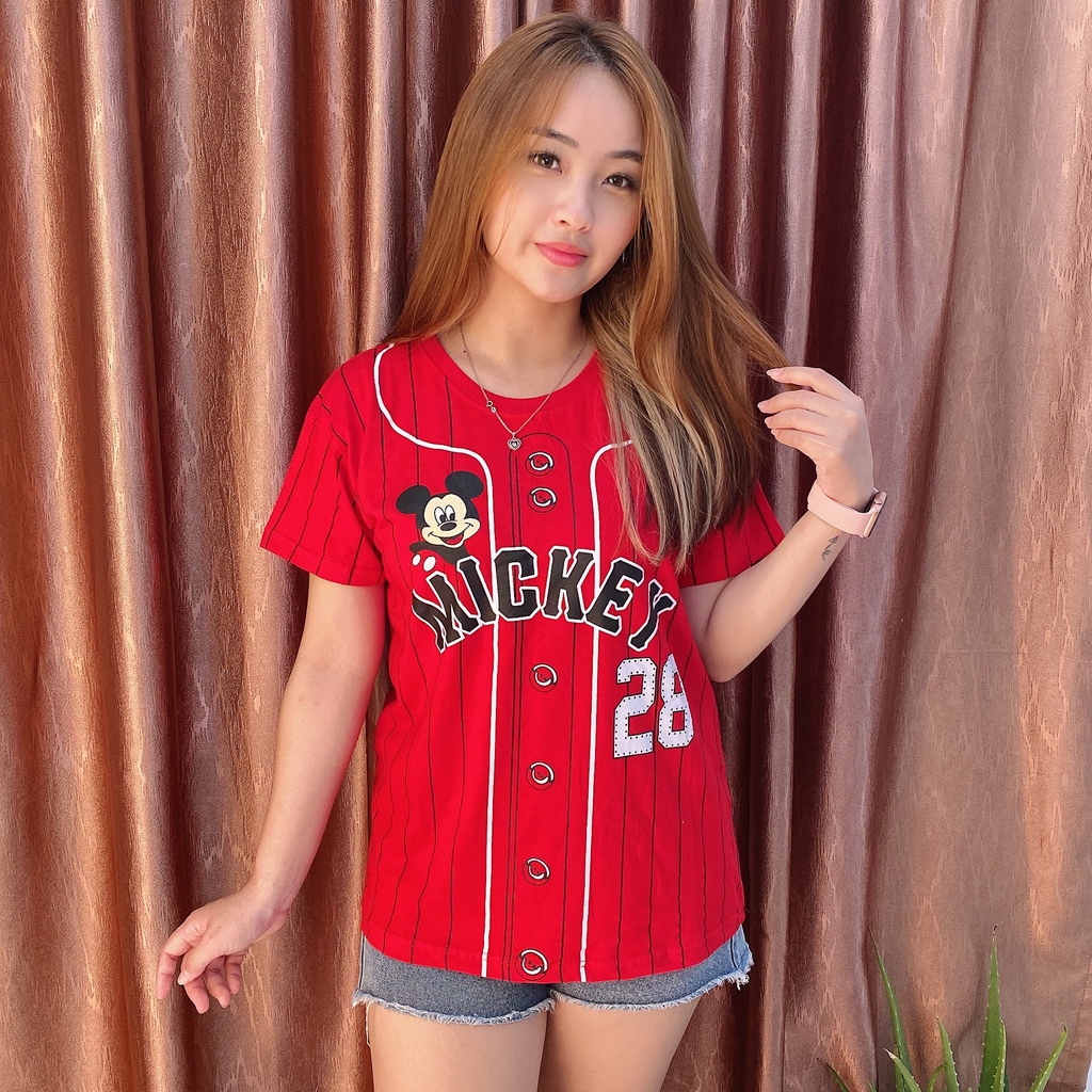 KaosKissMe 002 KissMe Kaos Wanita Lengan Pendek KingCup Mickey 28 Baseball Red Stripe Full Print Dew