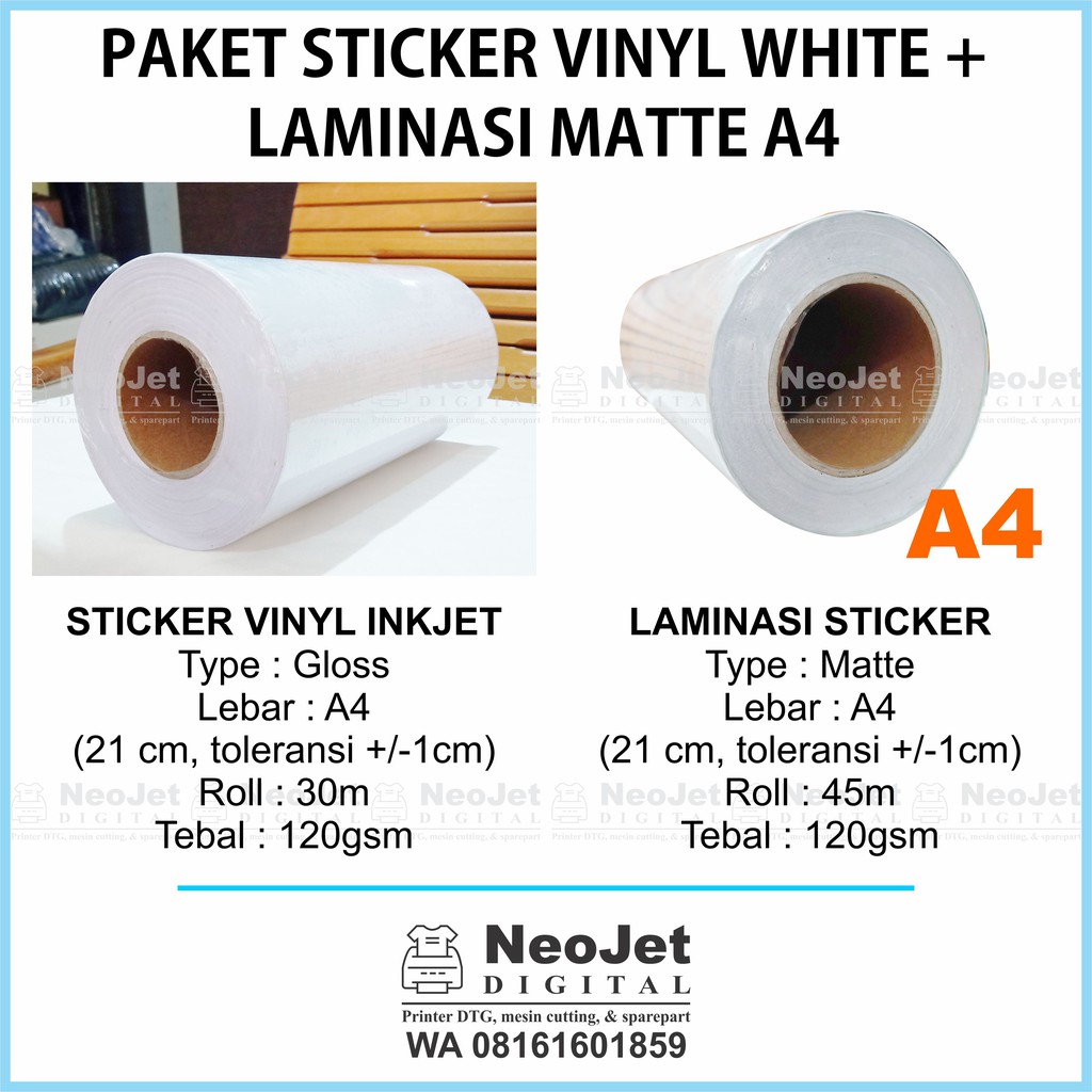 

Paket Sticker Vinyl Inkjet White Laminasi Matte Doff 120 gsm A4 Mate Laminating Dingin
