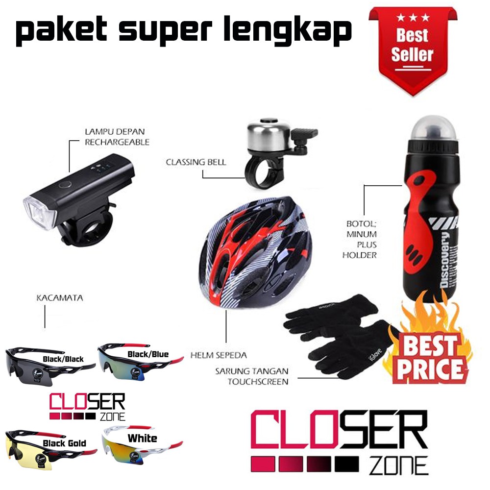 Paket super lengkap Helm Lampu Kacamata Sarung Tangan Botol Bel Sepeda