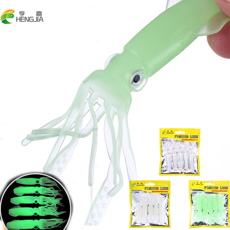 Hengjia 5pcs/Pack Umpan Pancing Soft lure Bentuk Gurita Mata 3d Luminous 10cm 8g Bahan Silikon Silicone Squid Fishing Lures Glow In The Dark For Sea Fishing