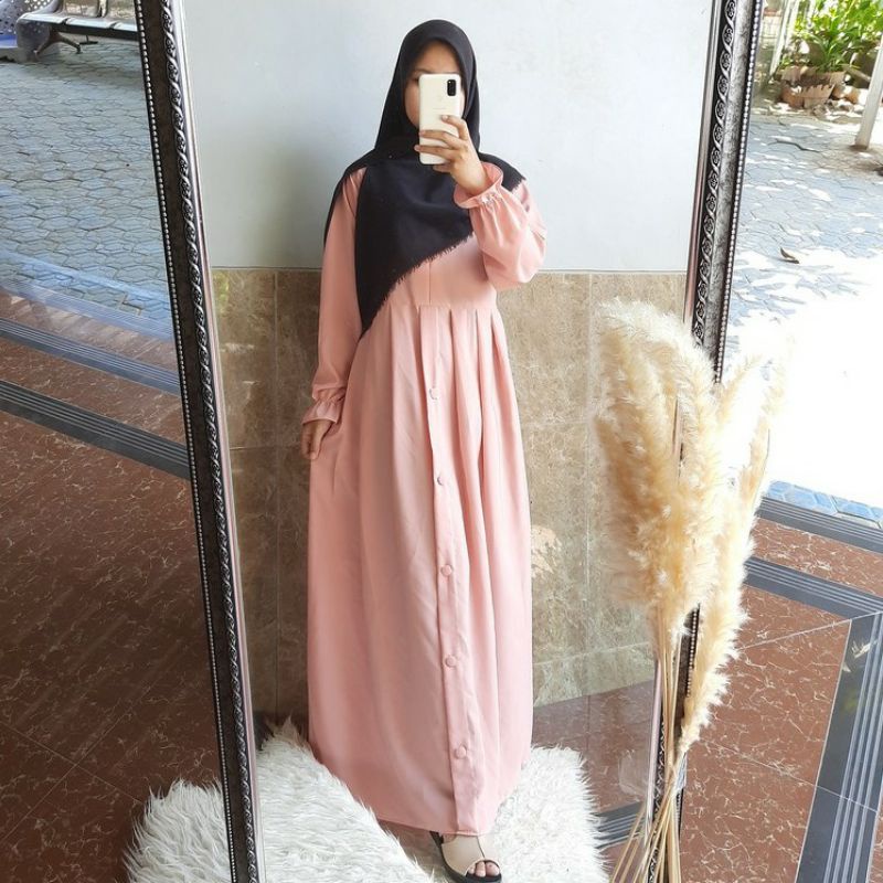 Gamis Polos Jingga Wolfis Kancing Depan Full Cantik
