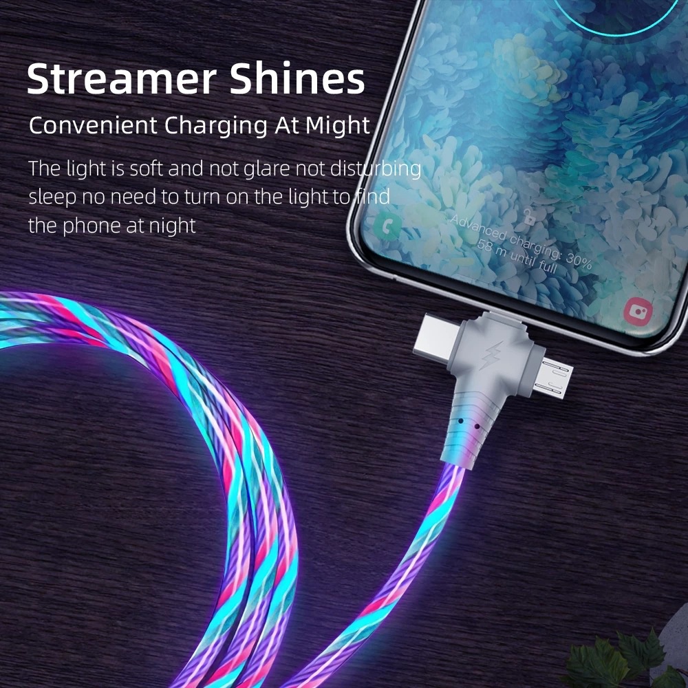 3 In 1 Kabel Data / Charger Usb Tipe-c 2.1a Fast Charging Dengan Lampu Led Untuk iOS / Android