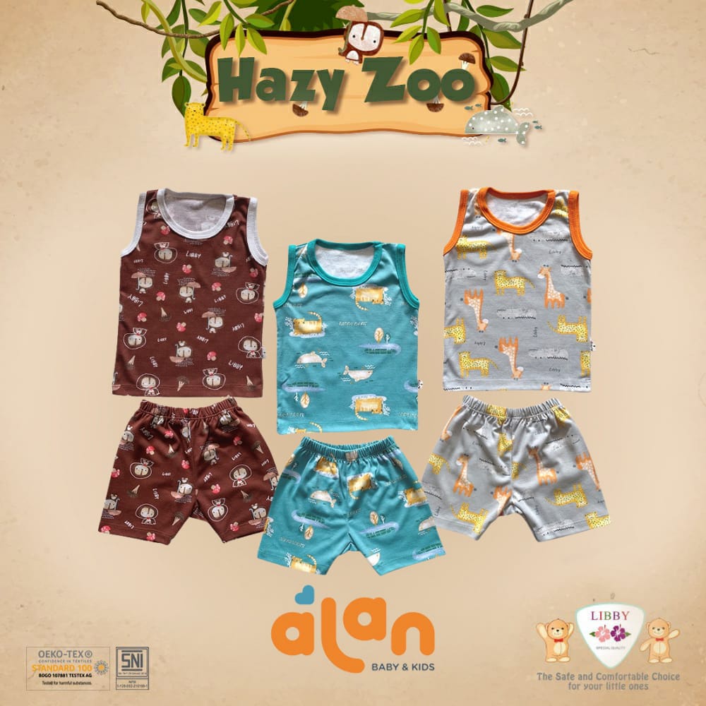 Libby Stelan Baju Singlet Oblong &amp; Celana Pendek Hazy Zoo Series - Stelan Baju Bayi isi 3