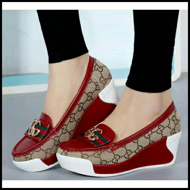 Sepatu Wedges Wanita Gucci Merah Maroon Tan Gold Hitam